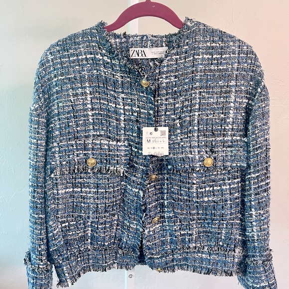 Zara Blue Tweed Blazer with Gold Buttons - Picture 5 of 6